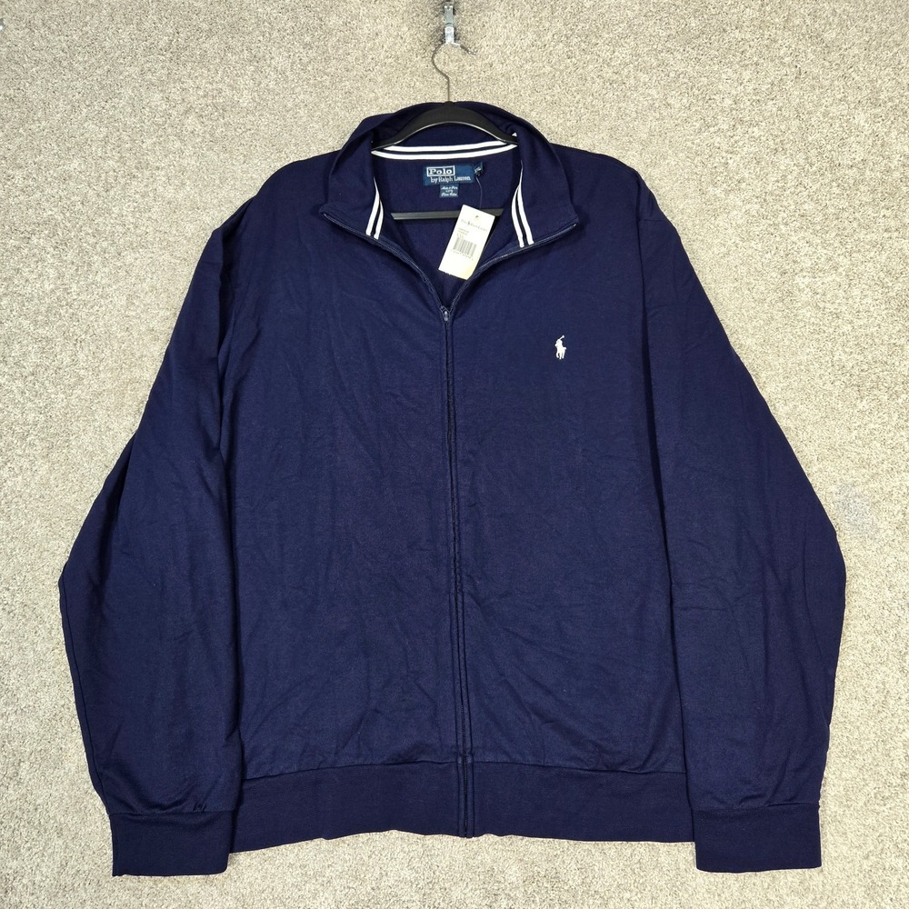 Polo Ralph Lauren Sweater Mens 2XL Navy Blue Full Zip Pima Cotton Tennis NEW
